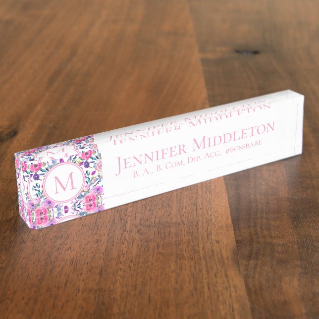 Hübsche Personalisiert rosa Floral Monogramm Namensplakette (Seite)