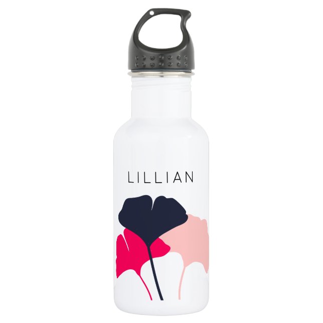 Hübsche Personalisierte Navy Blue & Pink Ginkgo Bl Edelstahlflasche (Vorderseite)