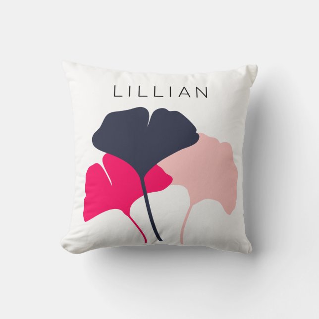 Hübsche Personalisierte Navy Blue & Pink Ginkgo Bl Kissen (Vorderseite)