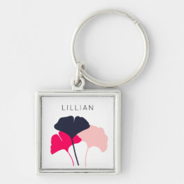 Hübsche Personalisierte Navy Blue & Pink Ginkgo Bl Schlüsselanhänger