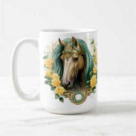 HÜBSCHE PFERDE MIT GELBEN ROSEN UND GOLDRAHMEN KAFFEETASSE