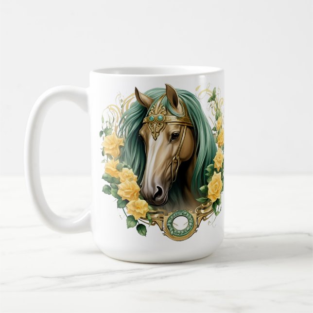 HÜBSCHE PFERDE MIT GELBEN ROSEN UND GOLDRAHMEN KAFFEETASSE (Links)