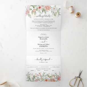 Hübsche Pfirsich-Botanische Elegante Hochzeit Dreifach Gefaltete Einladung