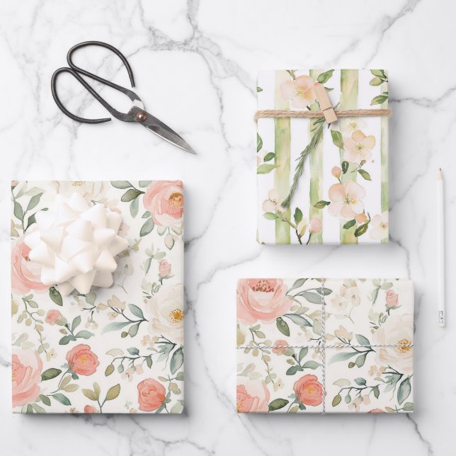 Hübsche Pfirsich-Rosa-Blumen-Hochzeitsdusche Geschenkpapier Set (Vorderseite)
