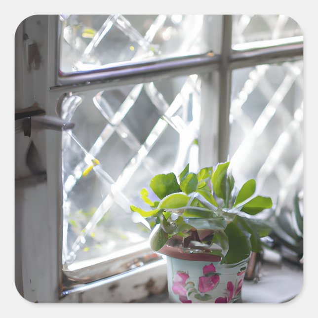 Hübsche Pflanze der Wasserfarbe im Fenster Quadratischer Aufkleber (Vorderseite)