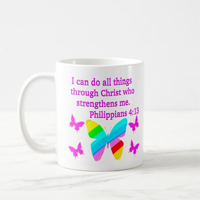 HÜBSCHE PHILIPPIANS 4:13 BUTTERFLY-DESIGN KAFFEETASSE (Links)