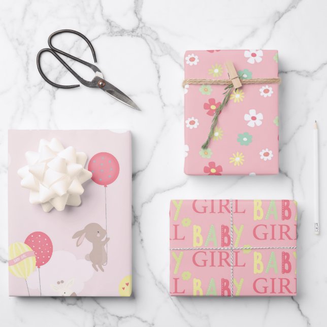 Hübsche Pink Animal Baby Dusche Mix and Match Geschenkpapier Set (Vorderseite)