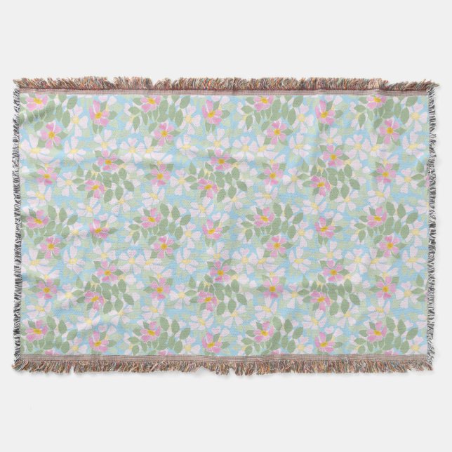 Hübsche Pink Dog Rose auf Sky Blue Pattern Decke (Vorderseite)
