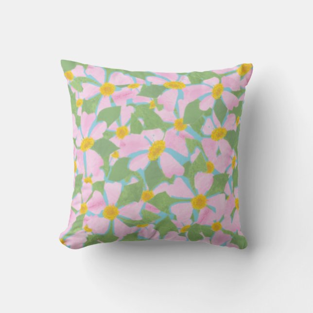Hübsche Pink Dog Rose auf Sky Blue Pattern Kissen (Vorderseite)