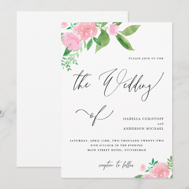 Hübsche Pink Floral Bouquet Calligrafy Wedding Einladung (Vorne/Hinten)