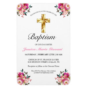 Hübsche PInk Floral Gold Cross Taufen Einladung Magnet