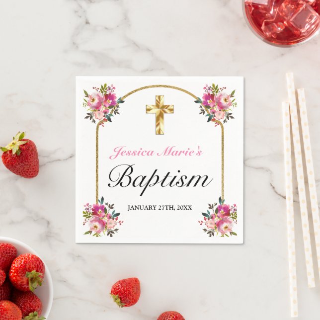 Hübsche PInk Floral Gold Cross Taufen Serviette (Beispiel)