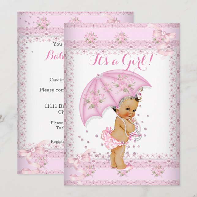 Hübsche Pink Girl Baby Dusche Blumenschirm BR Einladung (Vorne/Hinten)