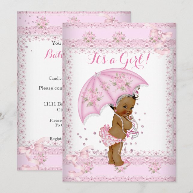 Hübsche Pink Girl Baby Dusche Blumenschirm EAA Einladung (Vorne/Hinten)