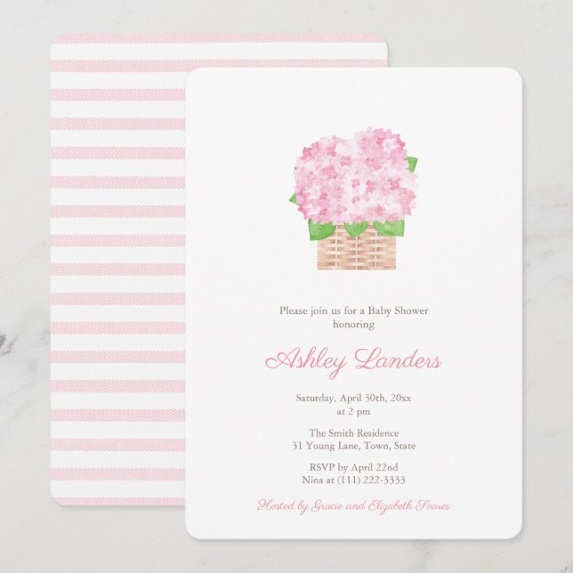 Hübsche Pink Hydrangea Girl Babydusche Einladung (Vorne/Hinten)