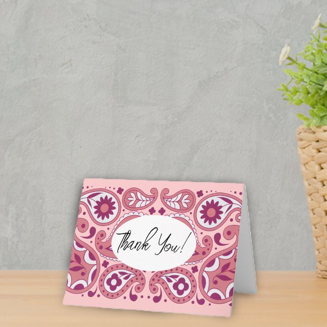 Hübsche Pink Paisley Muster Blume Tear Drops Dankeskarte (Pretty pink paisley pattern with tear drops and flowers on small all occasion thank you card.)