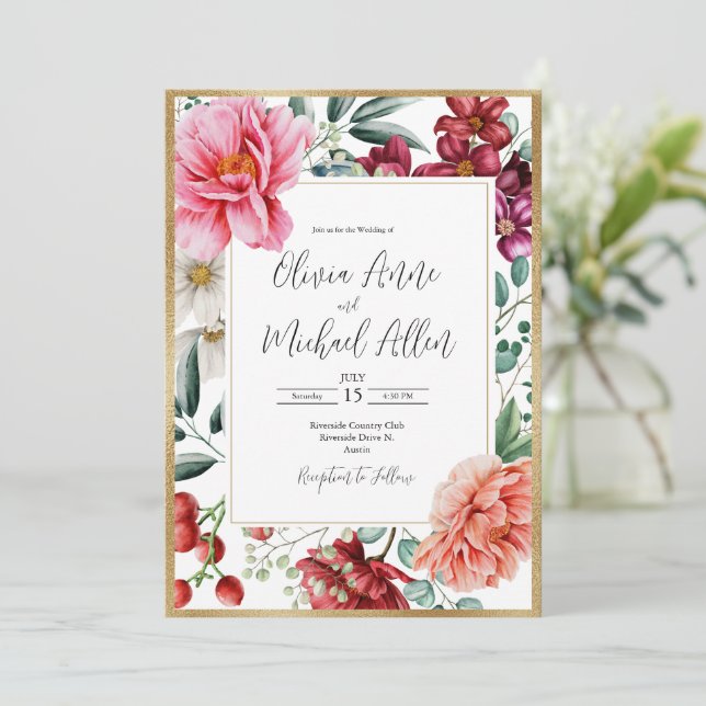 Hübsche Pink Peonies Floral Gold Hochzeit Einladung (Stehend Vorderseite)