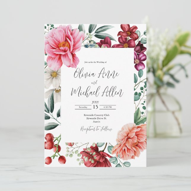 Hübsche Pink Peonies Wasserfarbene Blumenhochzeit Einladung (Stehend Vorderseite)