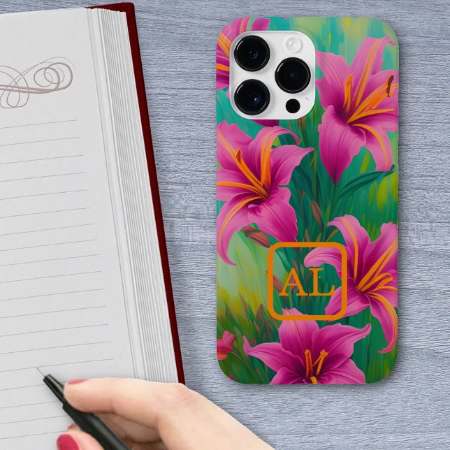 Hübsche Pink Tiger Lilies Ölgemälde Mit Monogramm Case-Mate iPhone 14 Pro Max Hülle (Von Creator hochgeladen)