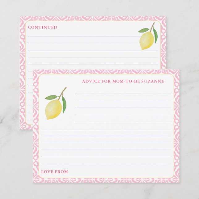 Hübsche Pink Tiles Lemon Babyduschenkarte Einladung (Vorne/Hinten)