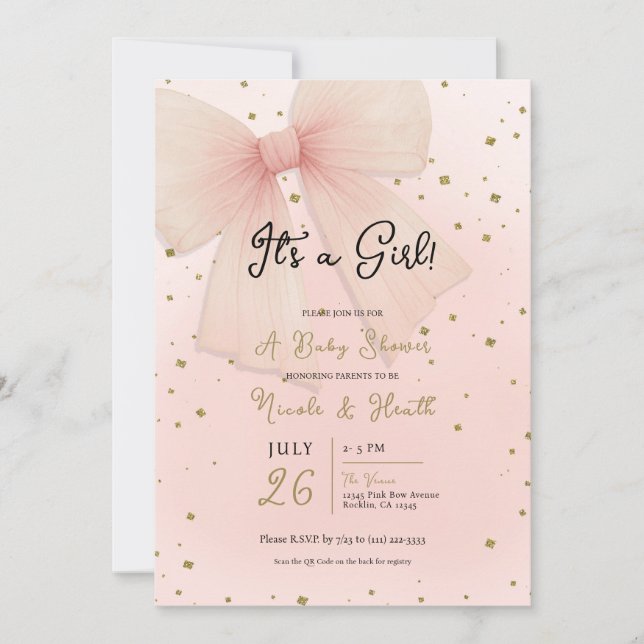 Hübsche Pink Tulle Bow & Gold Confetti Babydusche Einladung (Vorderseite)