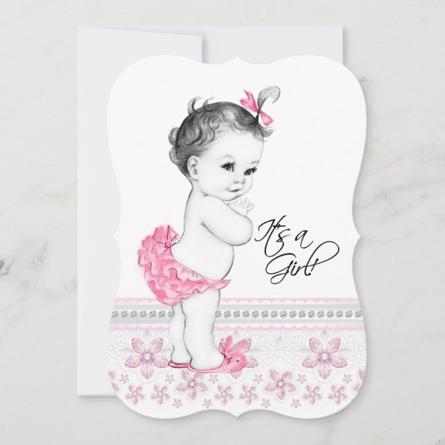 Hübsche Pink- und Black-Baby-Girl-Dusche Einladung (Vorderseite)