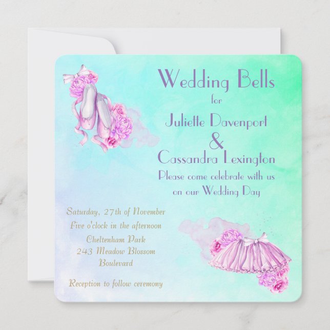 Hübsche Pink Watercolor Ballet Hochzeit Einladung (Vorderseite)