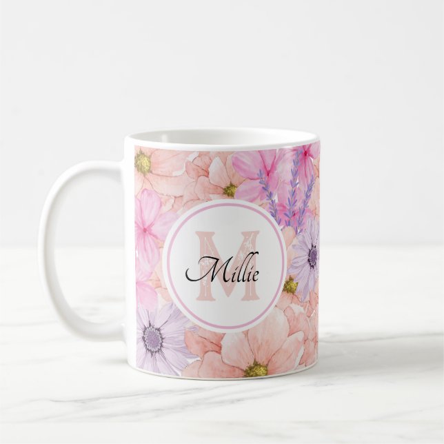 hübsche pinkfarbene Aquarellfarben-Blume mit Monog Kaffeetasse (Links)