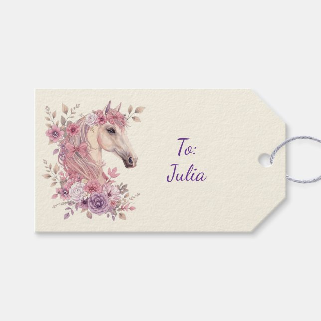 Hübsche Ponys und Blüten Pferdeaufkleber Geschenkanhänger (Vorderseite (Horizontal))