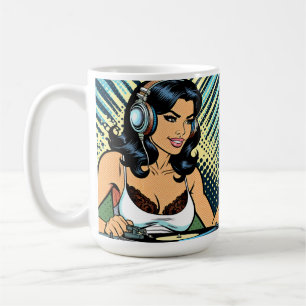 Hübsche Pop-Art-DJ beim Jammen Kaffeetasse