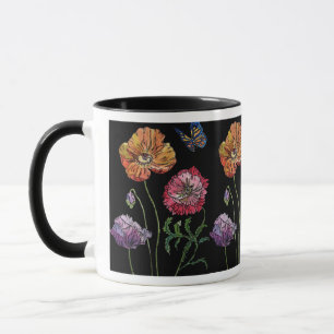 Hübsche Poppies auf Schwarzer Wasserfarbenmalerei Tasse