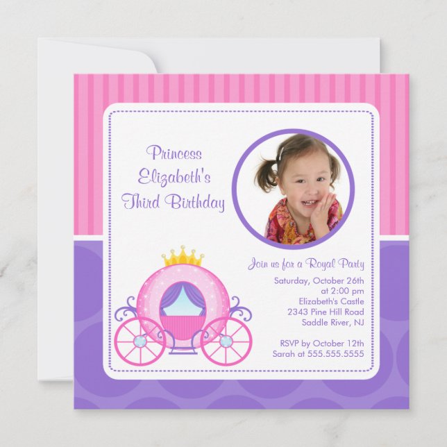 Hübsche Prinzessin Carriage Foto Birthday Einladung (Vorderseite)