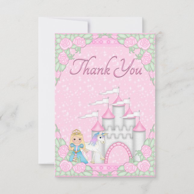 Hübsche Prinzessin, Unicorn u. Schloss danken Dankeskarte (Vorderseite)