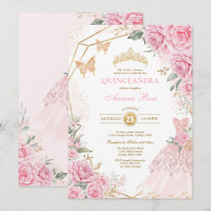 Hübsche Quinceañera Pink Gold Rose Quince Princess Einladung