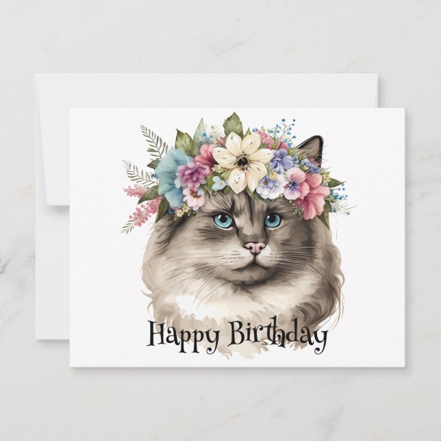 Hübsche Ragdoll Cat Floral Personalisiert Geburtst Karte (Vorderseite)