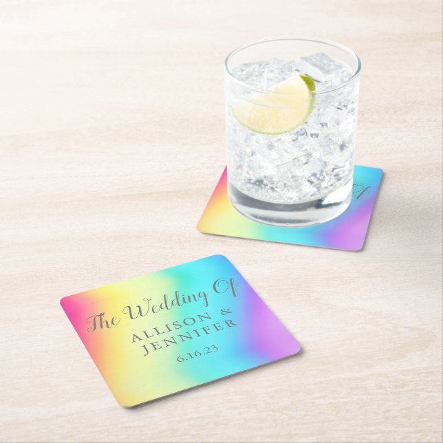 Hübsche Rainbow Fade Personalisierte LGBTQ Hochzei Rechteckiger Pappuntersetzer (Vor Ort)