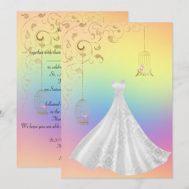 Hübsche Rainbow Pastel Birdcage Hochzeit Einladung (Vorne/Hinten)