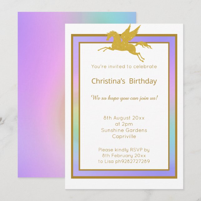 HÜBSCHE RAINBOW UNICORD ALLE MITARBEITER EINLADUNG (Vorne/Hinten)