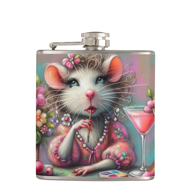 Hübsche Rattendame mit Martini-Beatmung Flachmann (Vorderseite)