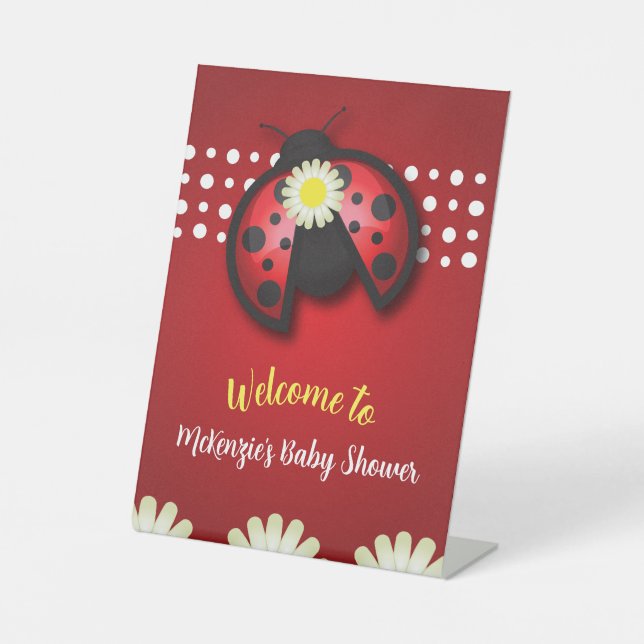 Hübsche Red and Black Ladybug Daisies Baby Dusche Sockelschild (Vorderseite)
