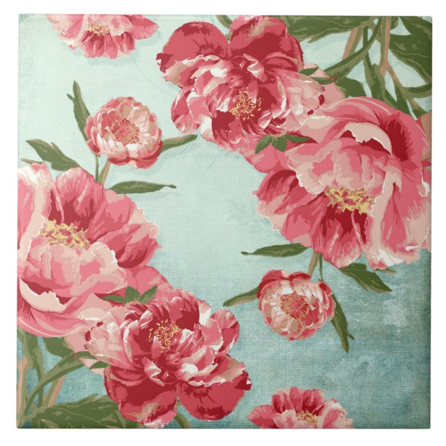 Hübsche Retro-Blume Chintz Peonies Personalisiert Fliese (Vorderseite)