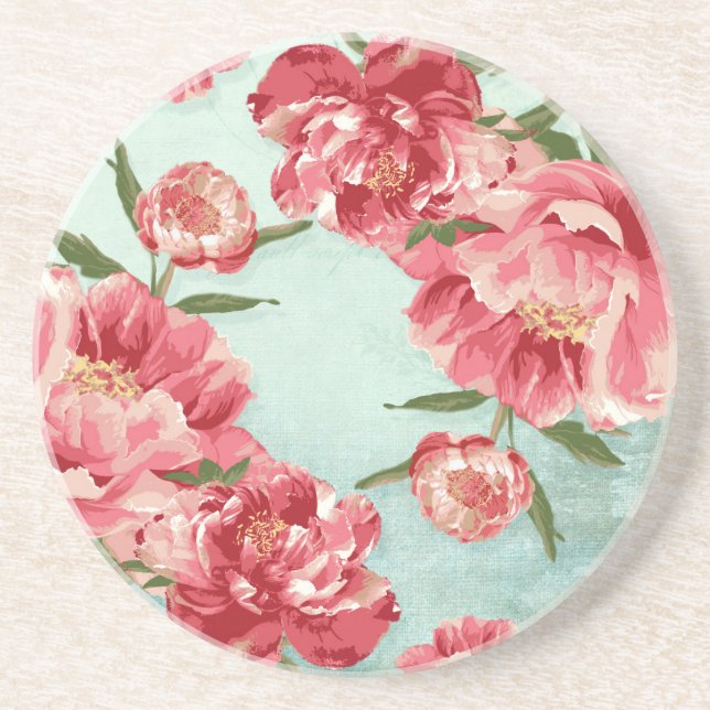 Hübsche Retro-Blume Chintz Peonies Personalisiert Sandstein Untersetzer (Vorne)