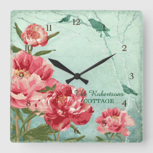 Hübsche Retro Blume Wohngestaltung Chintz Peony n  Quadratische Wanduhr