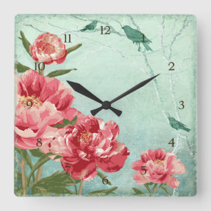 Hübsche Retro Blume Wohngestaltung Chintz Peony n Quadratische Wanduhr