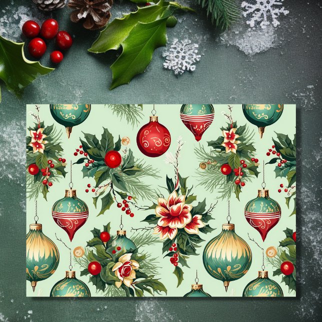 Hübsche Retro-Ornamente und Blume Weihnachten (Front - Pretty Retro Ornaments and Flowers Christmas Holiday Card)