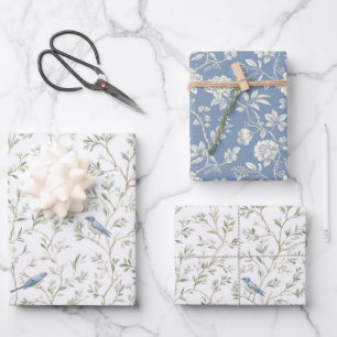 Hübsche Romantische Blaue Vögel Blumen Brautparty Geschenkpapier Set