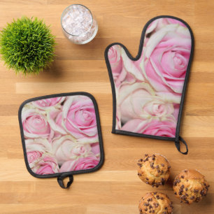 Hübsche romantische Rosa-Rose Ofenhandschuh & Topflappen-Set