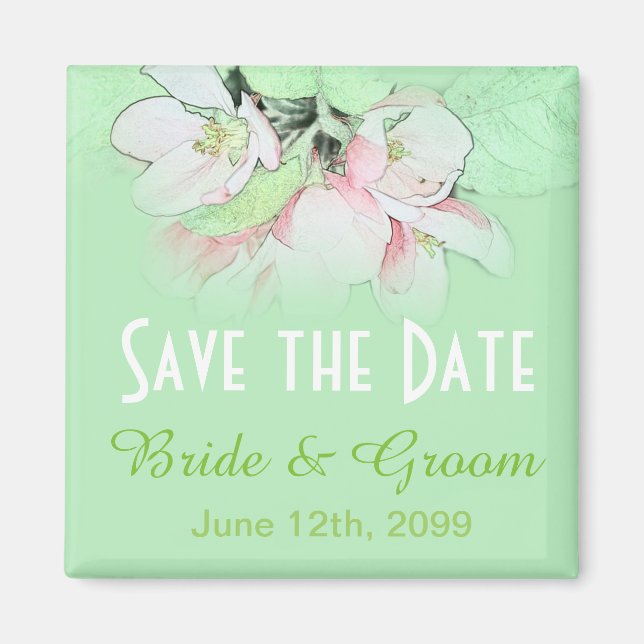 hübsche, rosa Apfelbäume, Save the Date grün Magnet (Vorne)
