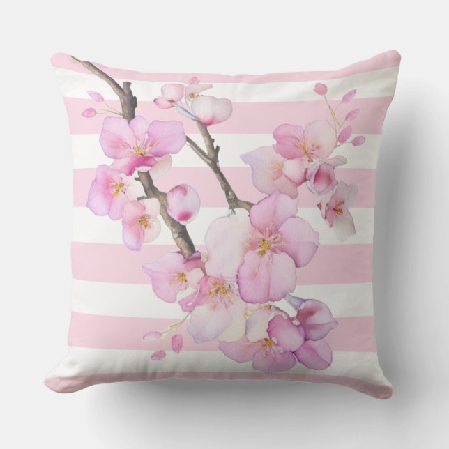Hübsche Rosa Aquarellkirschblütenstreifen Kissen (Vorderseite)