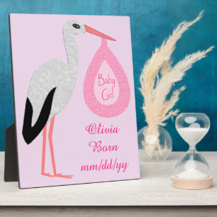 Hübsche rosa Baby-Mädchen-Storch-Geburtsanzeige Fotoplatte